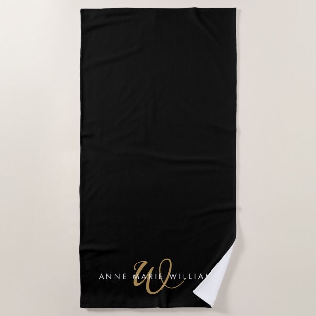 Modern Black Gold Script Monogram Beach Towel (Front)