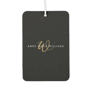 Modern Black Gold Script Monogram Car Air Freshener
