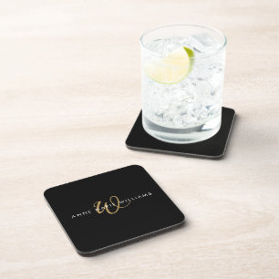 Modern Black Gold Script Monogram Coaster