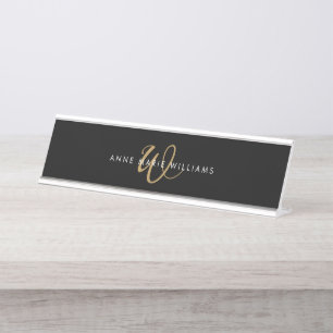Modern Black Gold Script Monogram Desk Name Plate