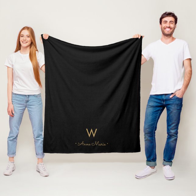Modern Black Gold Script Monogram Fleece Blanket (In Situ)