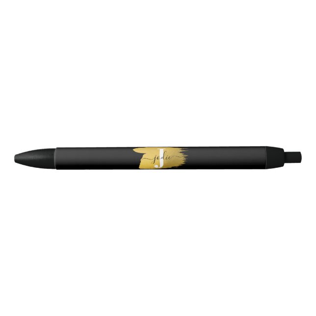 Modern Black & Gold Script Monogram Initial Black Ink Pen (Front)