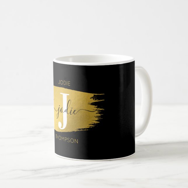 Modern Black & Gold Script Monogram Initial Coffee Mug (Front Right)