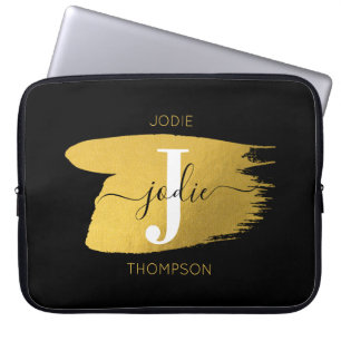 Modern Black & Gold Script Monogram Initial Laptop Sleeve