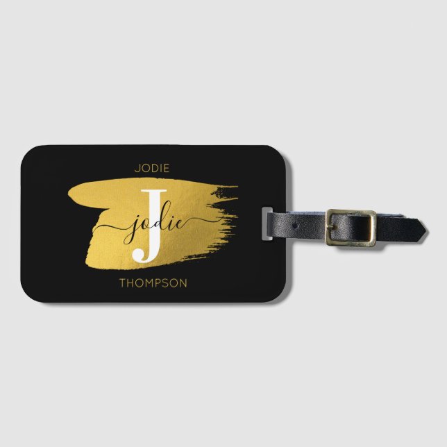 Modern Black & Gold Script Monogram Initial Luggage Tag (Front Horizontal)