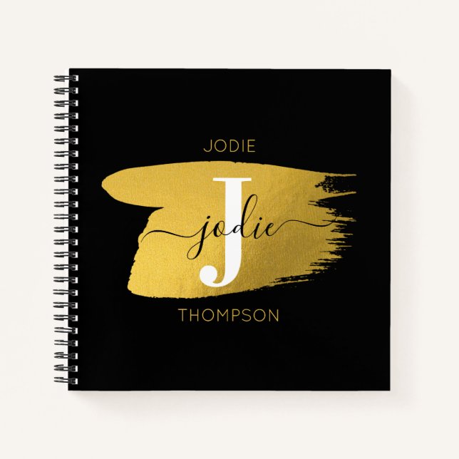 Modern Black & Gold Script Monogram Initial Notebook (Front)