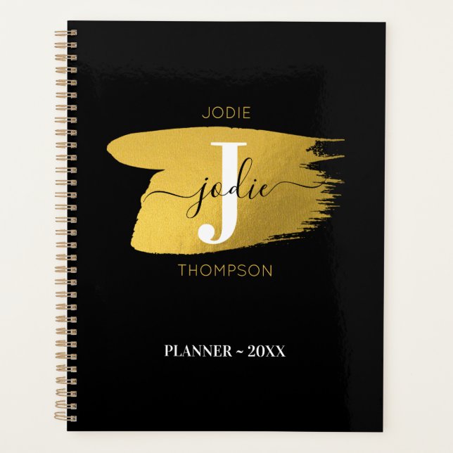 Modern Black & Gold Script Monogram Initial Planner (Front)