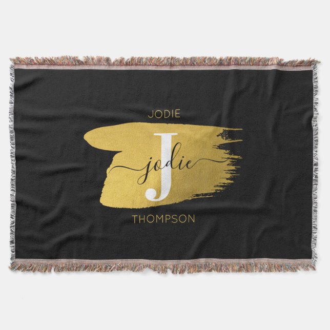 Modern Black & Gold Script Monogram Initial Throw Blanket (Front)