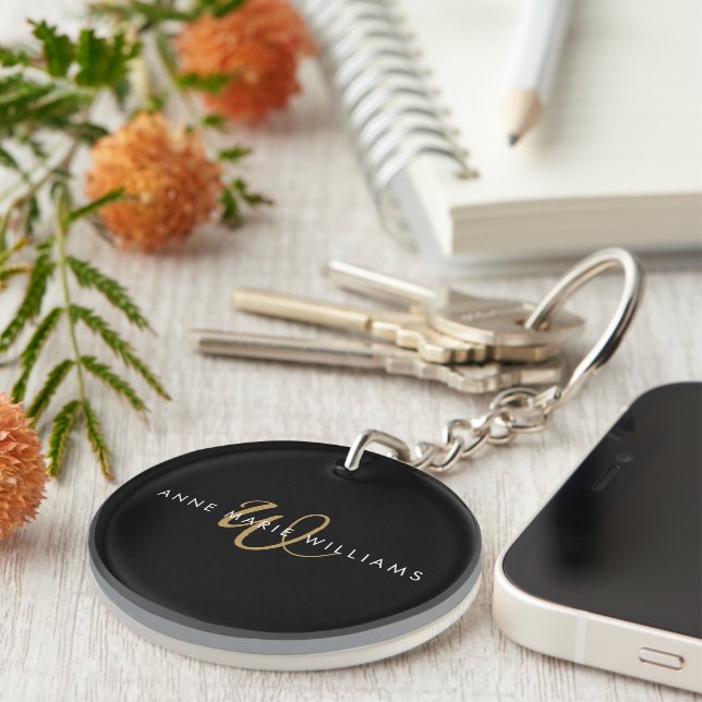 Modern Black Gold Script Monogram Key Ring (Front Right)