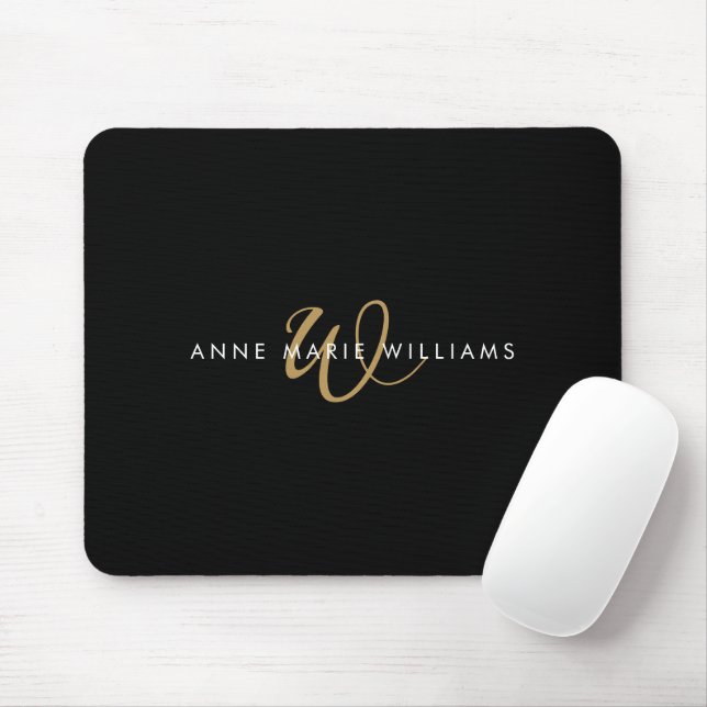 Modern Black Gold Script Monogram Mouse Pad (With Mouse)