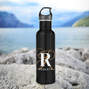 Modern Black Gold Script Monogram Name 710 Ml Water Bottle