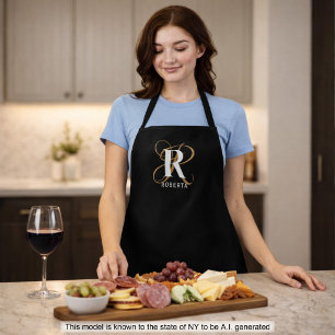 Modern Black Gold Script Monogram Name Apron