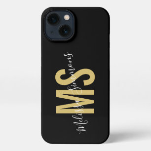 Modern black gold script monogram name iPhone 13 case