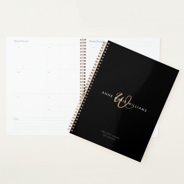 Modern Black Gold Script Monogram Planner (Display)