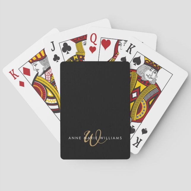 Modern Black Gold Script Monogram Playing Cards (Back)