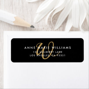 Modern Black Gold Script Monogram Return Address Label