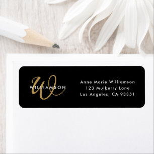 Modern Black Gold Script Monogram Return Address Label