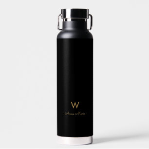 Modern Black Gold Script Monogram Water Bottle