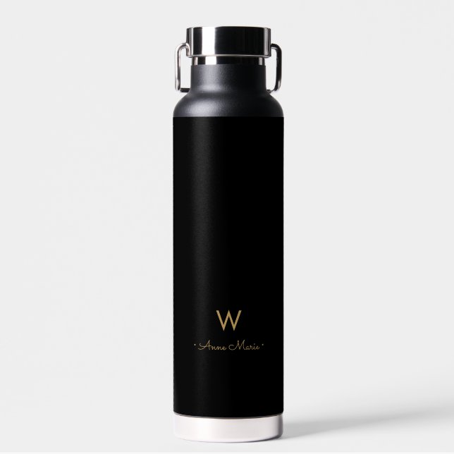 Modern Black Gold Script Monogram Water Bottle (Front)