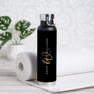 Modern Black Gold Script Monogram Water Bottle