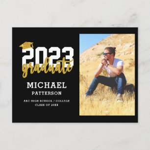 Modern Black Gold Script Photo Graduation Announcement Postcard