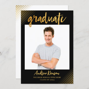 Modern Black & Gold Script Photo Graduation Party Invitation