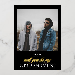 Modern Black Gold Script Photo Groomsmen Proposal 