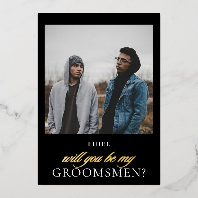 Modern Black Gold Script Photo Groomsmen Proposal  (Front)