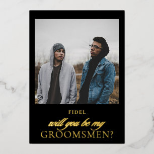 Modern Black Gold Script Photo Groomsmen Proposal 