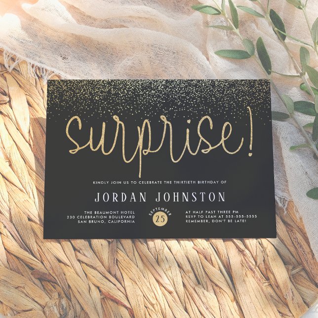 Modern Black & Gold Script Surprise Birthday Party Invitation (Creator Uploaded)