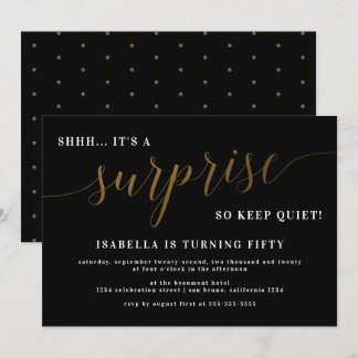Modern Black & Gold Script Surprise Birthday Party Invitation