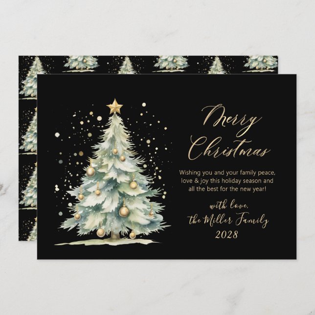 Modern Black Gold Script Watercolor Christmas Tree Holiday Card (Front/Back)