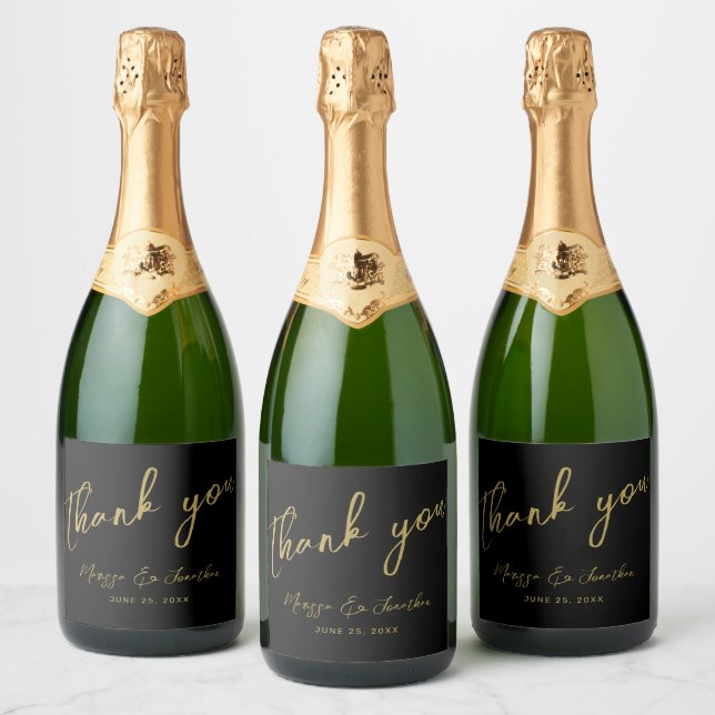 Modern Black Gold Script Wedding Thank You Sparkling Wine Label (Bottles)