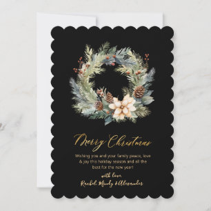 Modern Black Gold Script Wreath Greenery Christmas Holiday Card