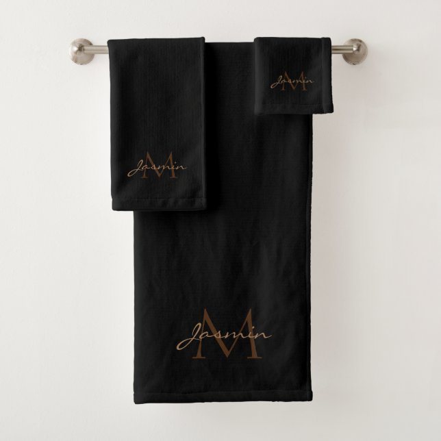 Modern Black & Gold Simple Minimalist Monogram Bath Towel Set (Insitu)