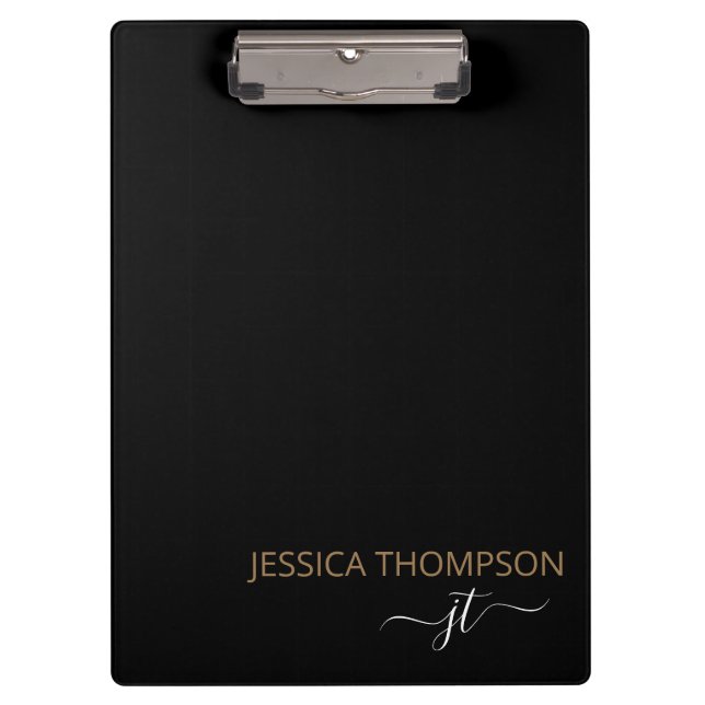 Modern Black Gold Simple Script Monogram Name  Clipboard (Front)