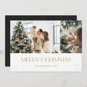 Modern Black Gold Snow Merry Christmas Photo Holiday Card