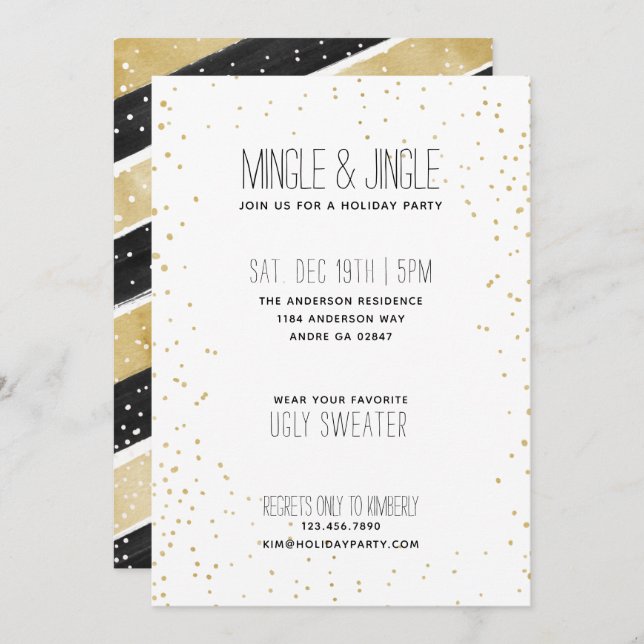 Modern Black & Gold Snowflake Holiday Party Invitation (Front/Back)