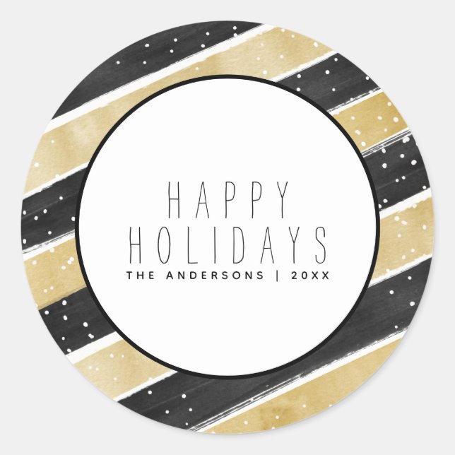 Modern Black & Gold Snowflake Stripes Classic Round Sticker (Front)