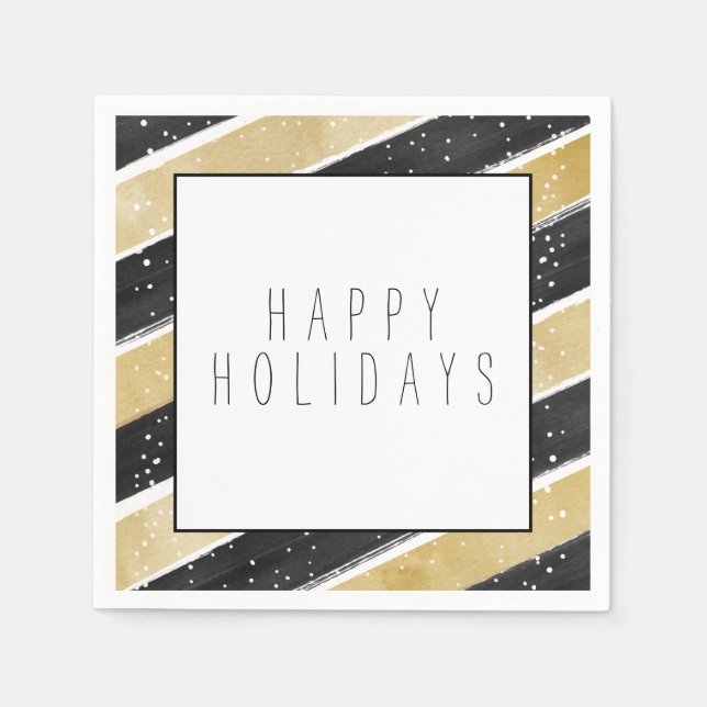 Modern Black & Gold Snowflake Stripes Holiday Napkin (Front)