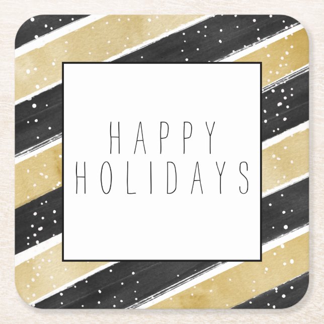 Modern Black & Gold Snowflake Stripes Holiday Square Paper Coaster (Front)
