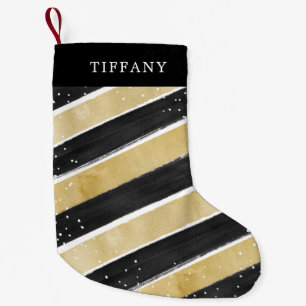 Modern Black & Gold Snowflake Stripes Personalised Small Christmas Stocking