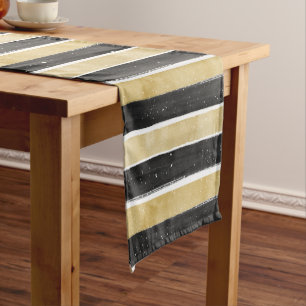 Modern Black & Gold Snowflake Stripes Short Table Runner