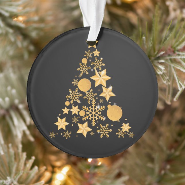 Modern Black Gold Snowflakes Christmas Tree Ornament (Tree)