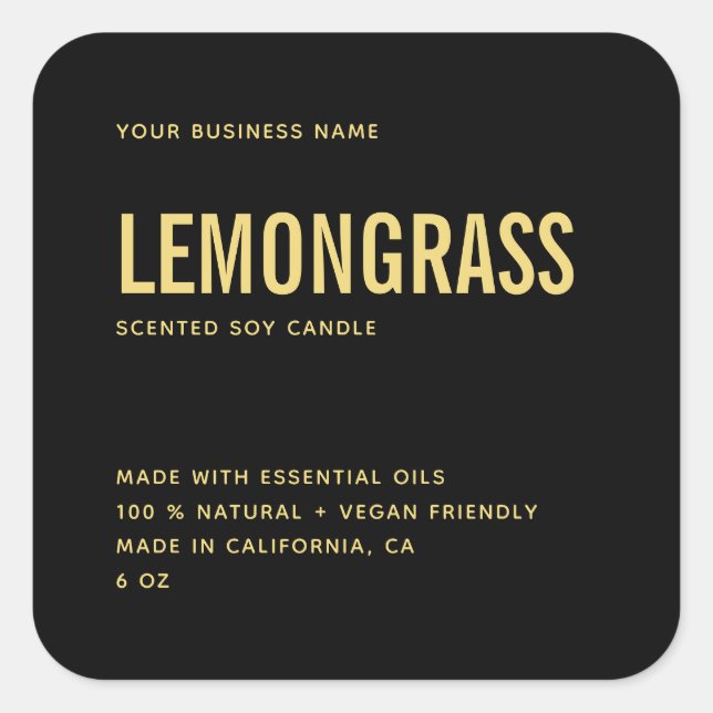 Modern black gold soy candle product label (Front)