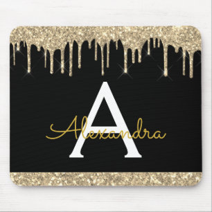 Modern Black Gold Sparkle Glitter Monogrammed Mouse Pad