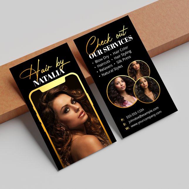 Modern Black Gold Sparkle Photo Hairstylist Business Card (Creator Uploaded)