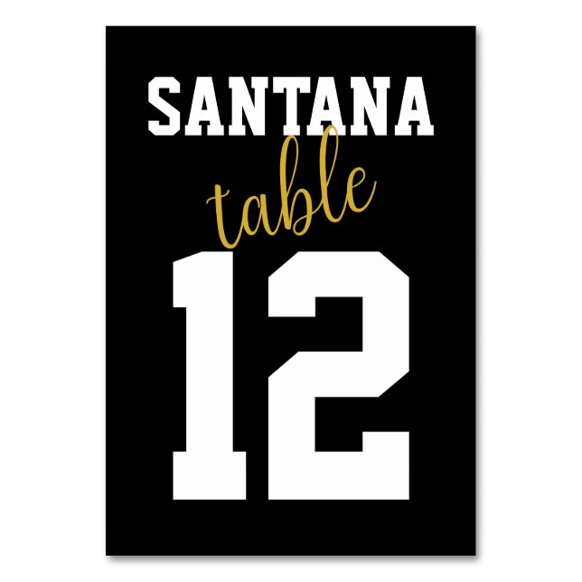 Modern Black Gold Sporty Custom Wedding Table Name Number (Front)