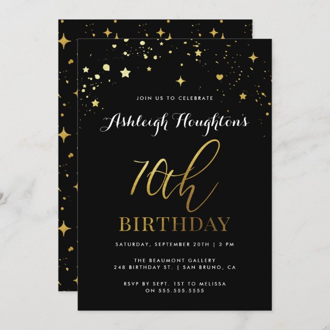 Modern Black & Gold Star Confetti 70th Birthday Invitation (Front/Back)