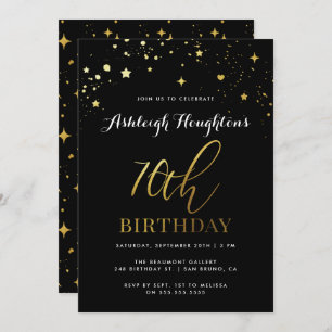 Modern Black & Gold Star Confetti 70th Birthday Invitation